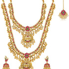 Gold - Rani Pink Green necklace earrings set crafted from brass, adorned with faux kundan & beads for an elegant, timeless look | Peora

