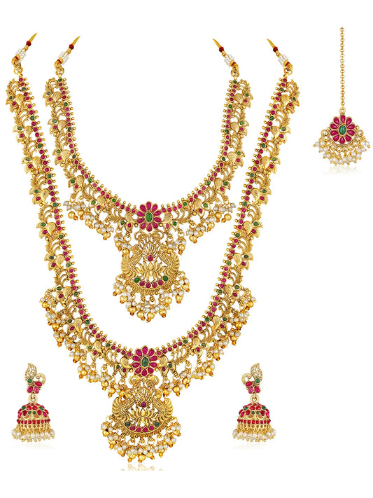 Gold - Rani Pink Green necklace earrings set crafted from brass, adorned with faux kundan & beads for an elegant, timeless look | Peora
