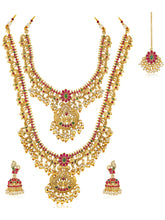 Gold - Rani Pink Green necklace earrings set crafted from brass, adorned with faux kundan & beads for an elegant, timeless look | Peora
