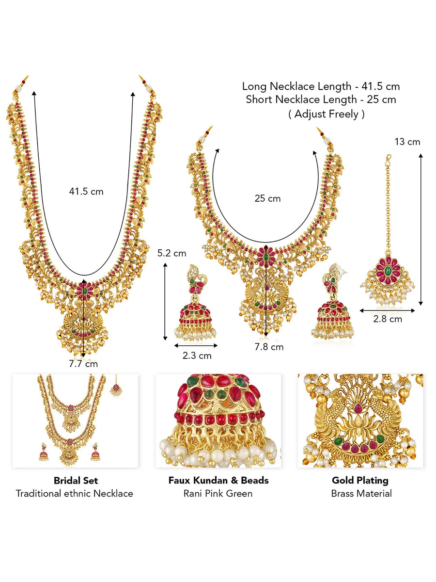 Gold - Rani Pink Green necklace earrings set crafted from brass, adorned with faux kundan & beads for an elegant, timeless look | Peora
