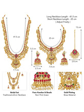 Gold - Rani Pink Green necklace earrings set crafted from brass, adorned with faux kundan & beads for an elegant, timeless look | Peora
