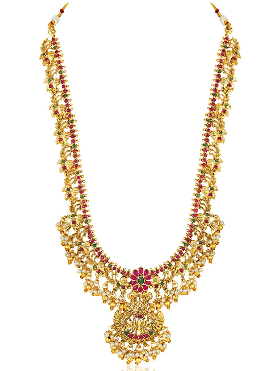 Gold - Rani Pink Green necklace earrings set crafted from brass, adorned with faux kundan & beads for an elegant, timeless look | Peora
