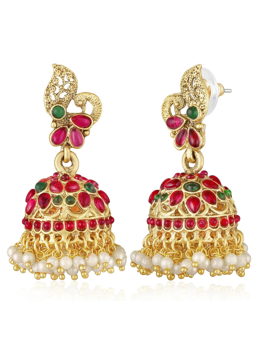 Gold - Rani Pink Green necklace earrings set crafted from brass, adorned with faux kundan & beads for an elegant, timeless look | Peora
