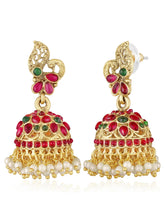 Gold - Rani Pink Green necklace earrings set crafted from brass, adorned with faux kundan & beads for an elegant, timeless look | Peora
