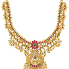 Gold - Rani Pink Green necklace earrings set crafted from brass, adorned with faux kundan & beads for an elegant, timeless look | Peora
