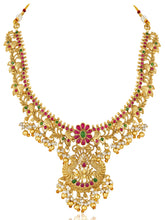 Gold - Rani Pink Green necklace earrings set crafted from brass, adorned with faux kundan & beads for an elegant, timeless look | Peora
