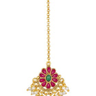 Gold - Rani Pink Green necklace earrings set crafted from brass, adorned with faux kundan & beads for an elegant, timeless look | Peora

