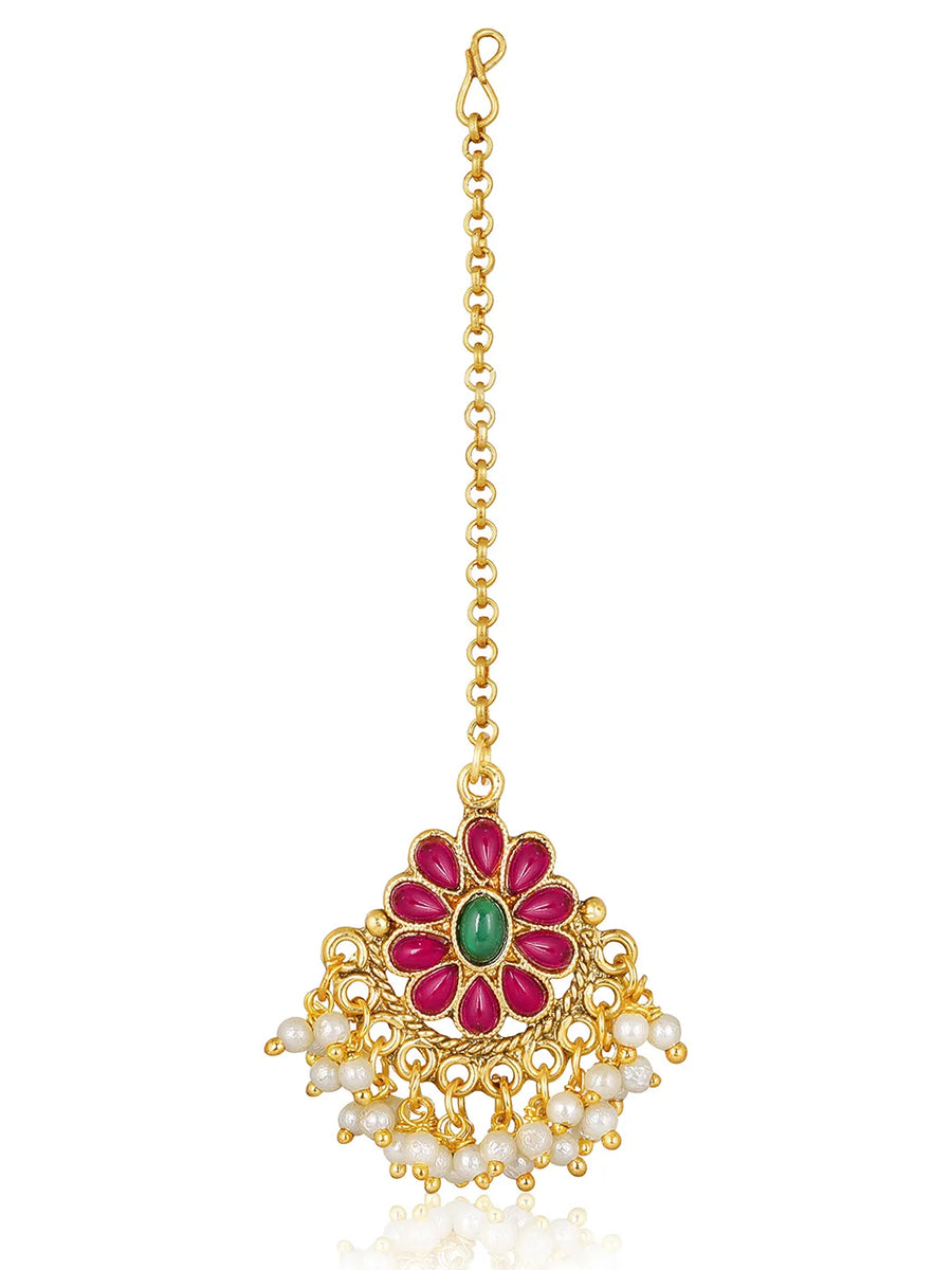 Gold - Rani Pink Green necklace earrings set crafted from brass, adorned with faux kundan & beads for an elegant, timeless look | Peora

