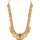 Gold - Rani Pink Green necklace earrings set crafted from brass, adorned with faux kundan & beads for an elegant, timeless look | Peora

