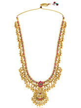 Gold - Rani Pink Green necklace earrings set crafted from brass, adorned with faux kundan & beads for an elegant, timeless look | Peora
