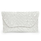 White clutch bag named Shimmer Beads & Sequin Clutch Purses, featuring artificial beads detailing and soft fabric texture | Peora
