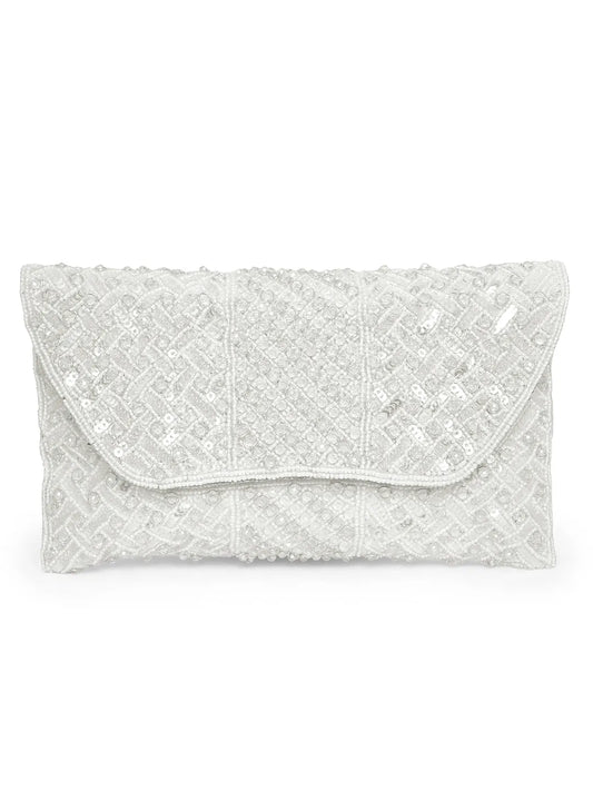 White clutch bag named Shimmer Beads & Sequin Clutch Purses, featuring artificial beads detailing and soft fabric texture | Peora
