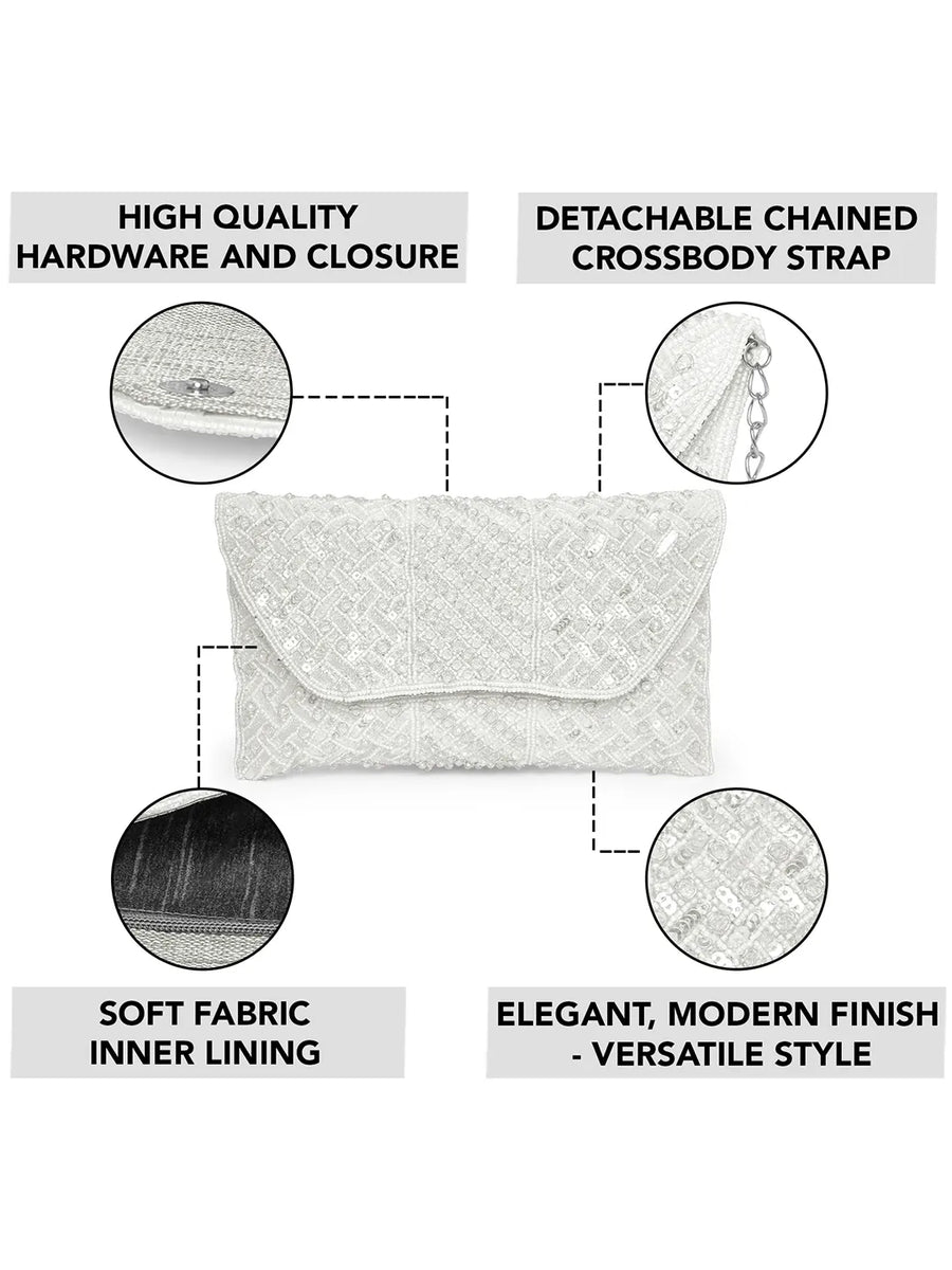 White clutch bag named Shimmer Beads & Sequin Clutch Purses, featuring artificial beads detailing and soft fabric texture | Peora
