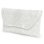 White clutch bag named Shimmer Beads & Sequin Clutch Purses, featuring artificial beads detailing and soft fabric texture | Peora

