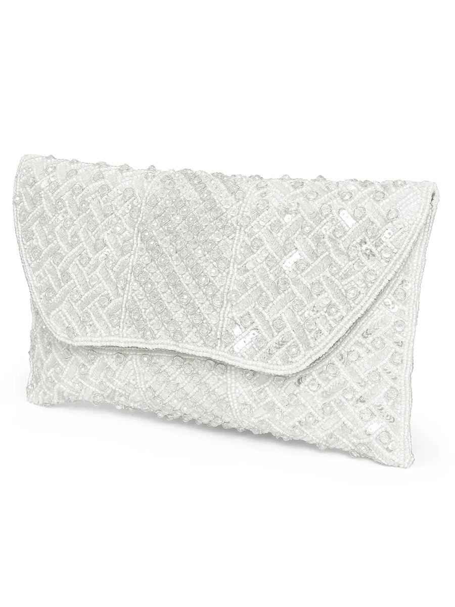 White clutch bag named Shimmer Beads & Sequin Clutch Purses, featuring artificial beads detailing and soft fabric texture | Peora
