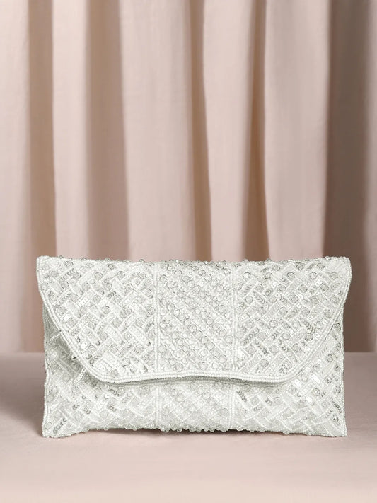 White clutch bag named Shimmer Beads & Sequin Clutch Purses, featuring artificial beads detailing and soft fabric texture | Peora
