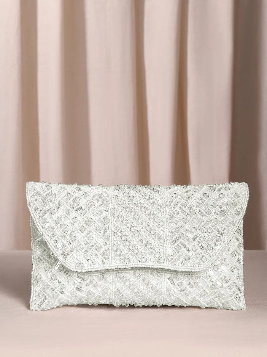 White clutch bag named Shimmer Beads & Sequin Clutch Purses, featuring artificial beads detailing and soft fabric texture | Peora
