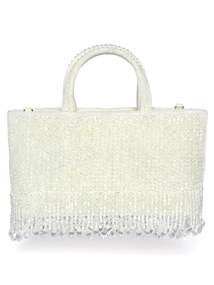 White clutch bag named Fringed Crystal Beaded Hand Purse, featuring artificial beads detailing and soft fabric texture | Peora
