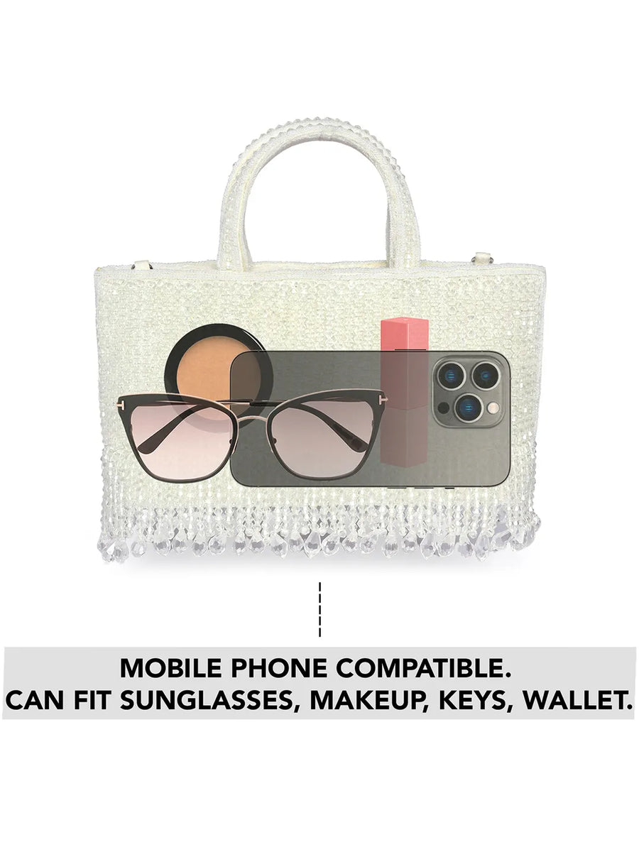 White clutch bag named Fringed Crystal Beaded Hand Purse, featuring artificial beads detailing and soft fabric texture | Peora
