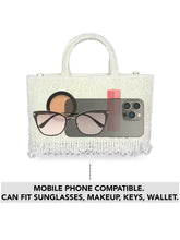 White clutch bag named Fringed Crystal Beaded Hand Purse, featuring artificial beads detailing and soft fabric texture | Peora
