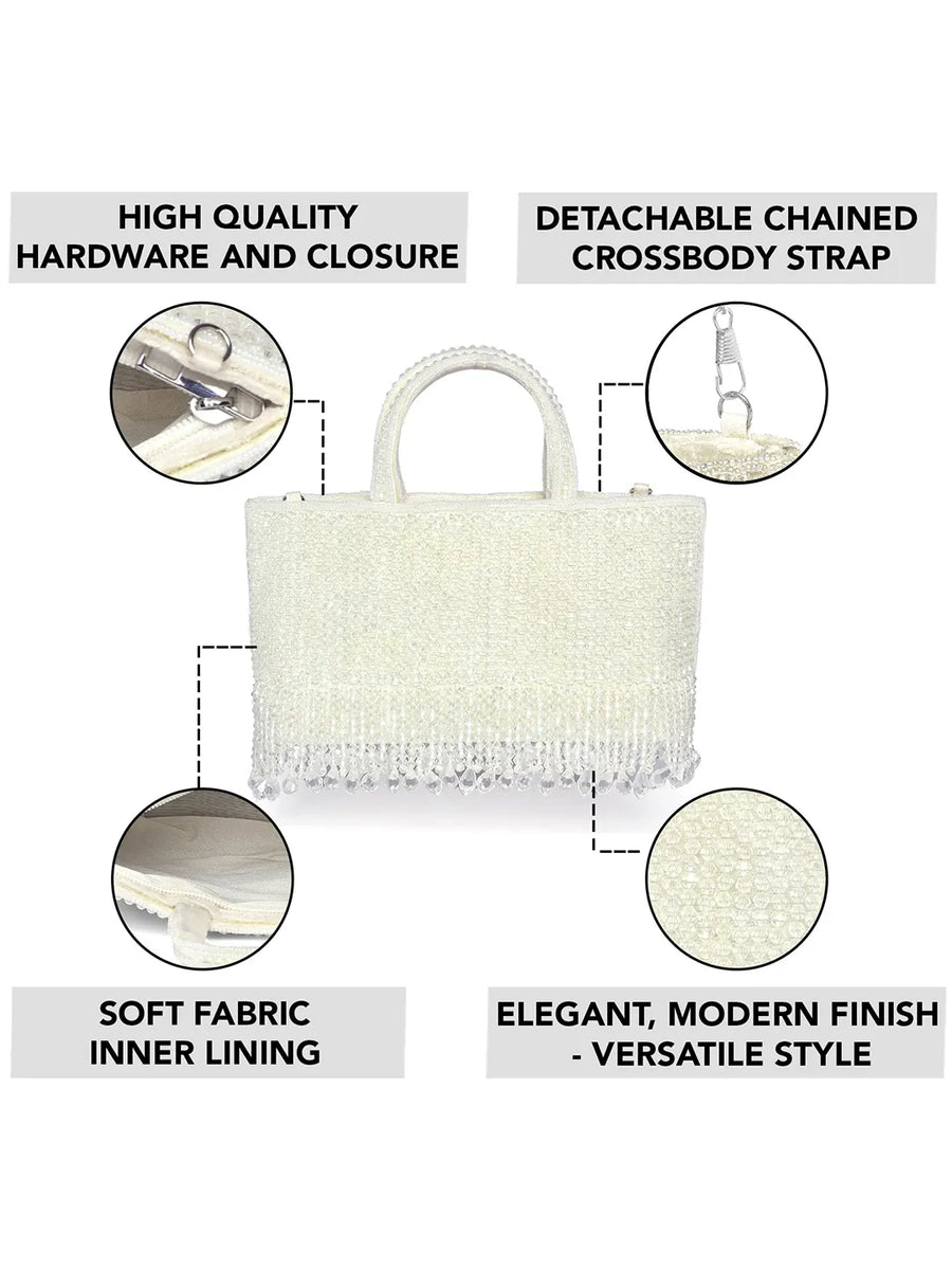 White clutch bag named Fringed Crystal Beaded Hand Purse, featuring artificial beads detailing and soft fabric texture | Peora
