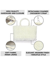 White clutch bag named Fringed Crystal Beaded Hand Purse, featuring artificial beads detailing and soft fabric texture | Peora
