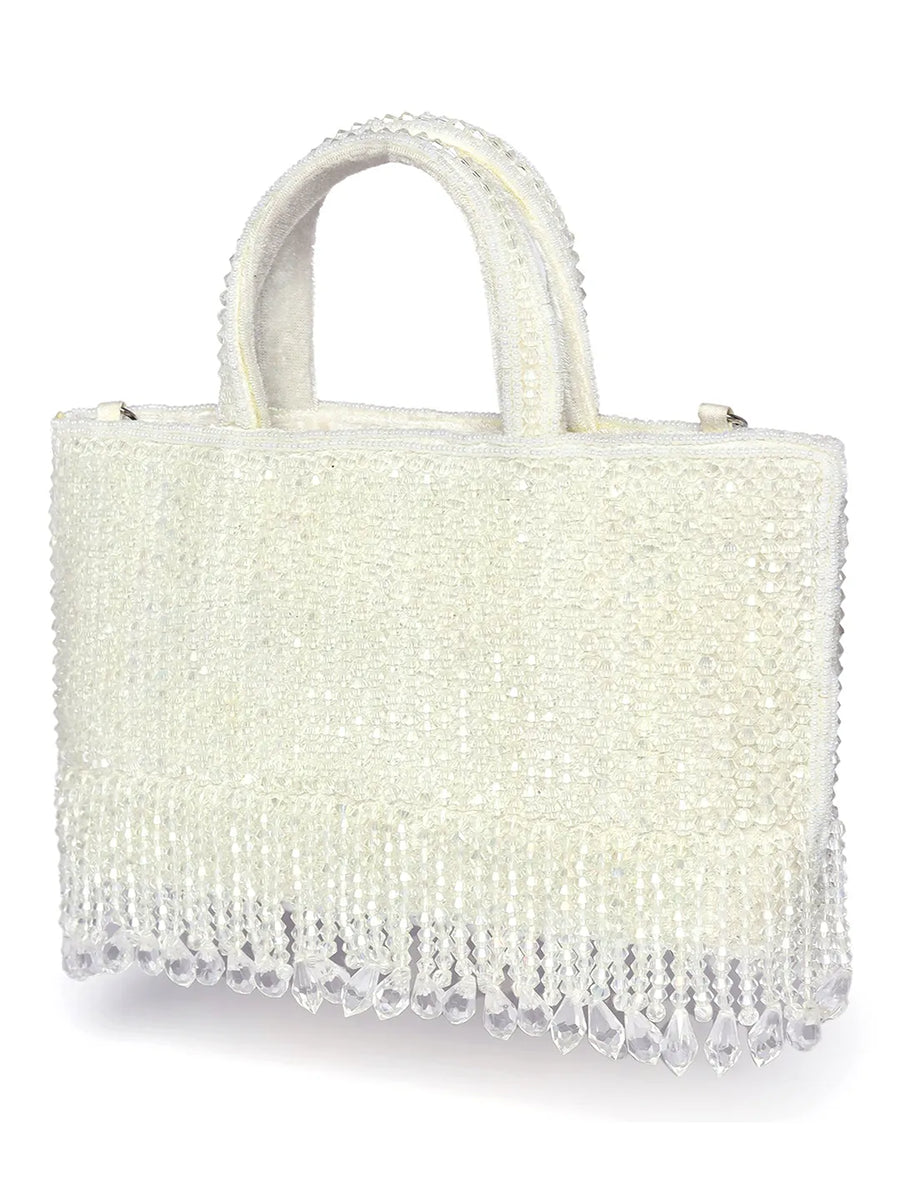 White clutch bag named Fringed Crystal Beaded Hand Purse, featuring artificial beads detailing and soft fabric texture | Peora
