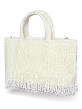 White clutch bag named Fringed Crystal Beaded Hand Purse, featuring artificial beads detailing and soft fabric texture | Peora
