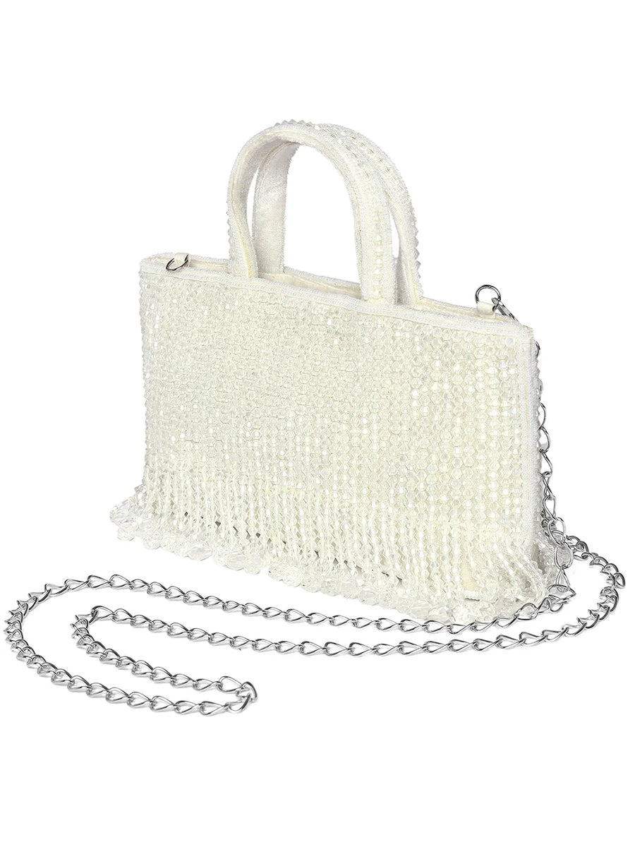 White clutch bag named Fringed Crystal Beaded Hand Purse, featuring artificial beads detailing and soft fabric texture | Peora
