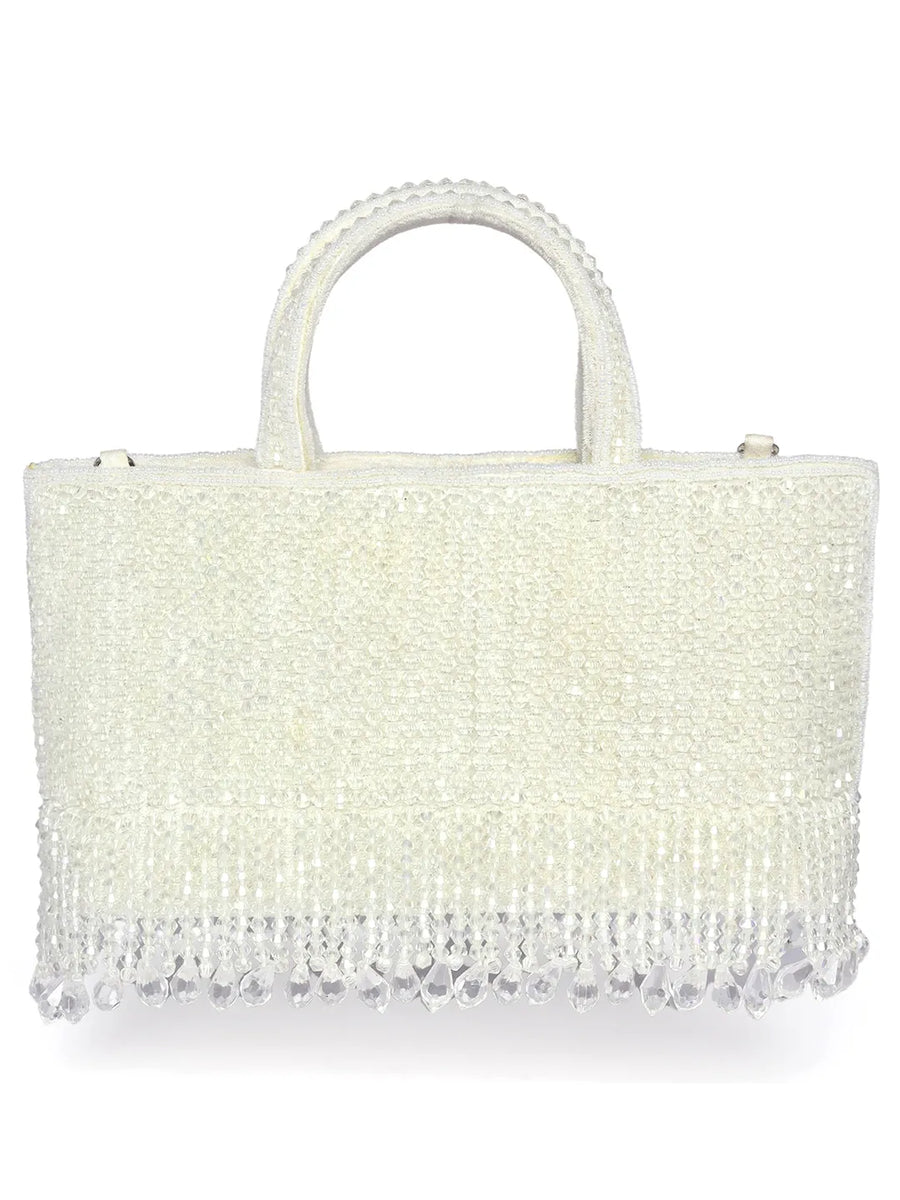 White clutch bag named Fringed Crystal Beaded Hand Purse, featuring artificial beads detailing and soft fabric texture | Peora
