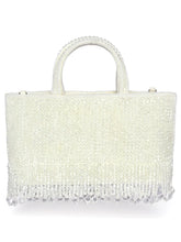 White clutch bag named Fringed Crystal Beaded Hand Purse, featuring artificial beads detailing and soft fabric texture | Peora
