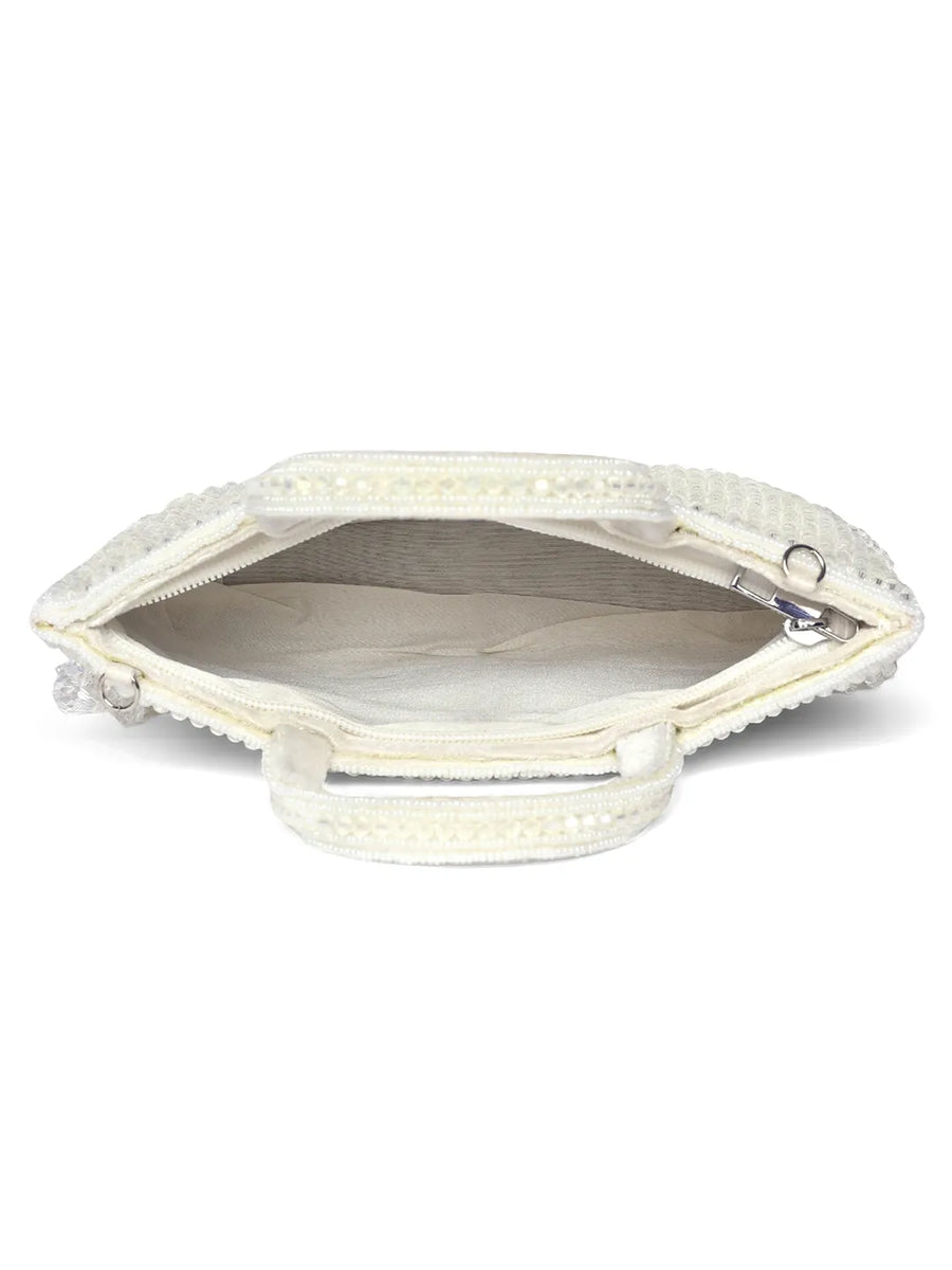 White clutch bag named Fringed Crystal Beaded Hand Purse, featuring artificial beads detailing and soft fabric texture | Peora
