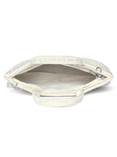 White clutch bag named Fringed Crystal Beaded Hand Purse, featuring artificial beads detailing and soft fabric texture | Peora
