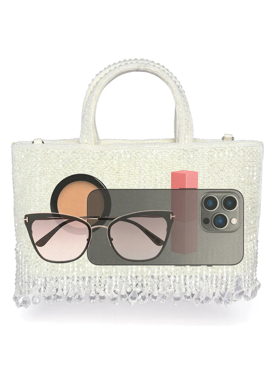 White clutch bag named Fringed Crystal Beaded Hand Purse, featuring artificial beads detailing and soft fabric texture | Peora
