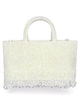 White clutch bag named Fringed Crystal Beaded Hand Purse, featuring artificial beads detailing and soft fabric texture | Peora
