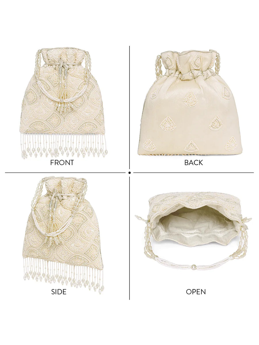 Cream potli bag named Heavy Zari Sequin Wedding Potli, featuring artificial beads detailing and soft fabric texture | Peora
