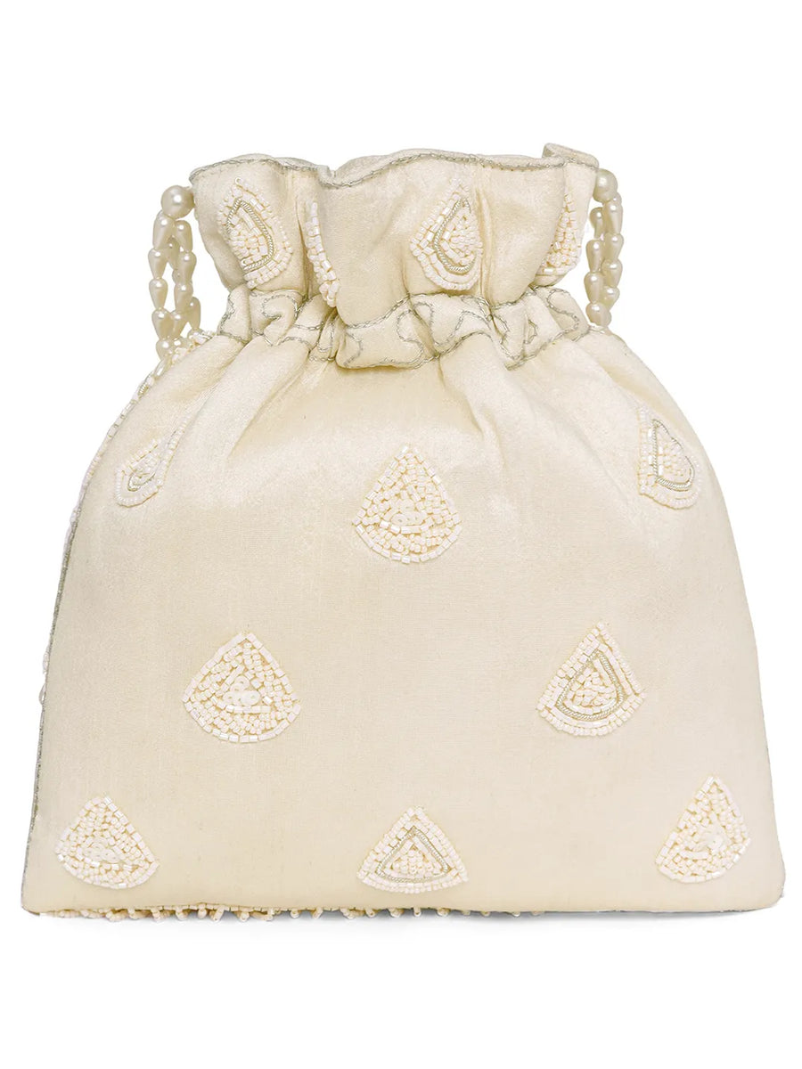 Cream potli bag named Heavy Zari Sequin Wedding Potli, featuring artificial beads detailing and soft fabric texture | Peora
