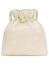 Cream potli bag named Heavy Zari Sequin Wedding Potli, featuring artificial beads detailing and soft fabric texture | Peora
