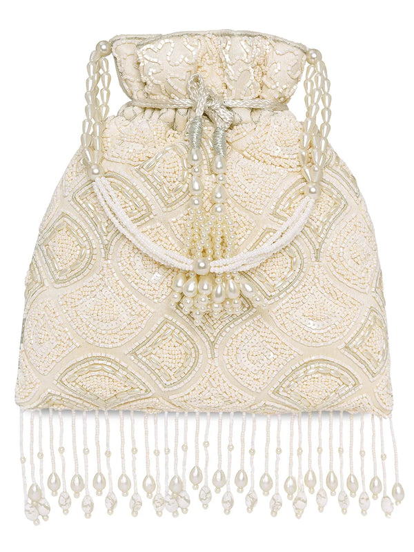 Cream potli bag named Heavy Zari Sequin Wedding Potli, featuring artificial beads detailing and soft fabric texture | Peora
