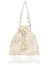 Cream potli bag named Heavy Zari Sequin Wedding Potli, featuring artificial beads detailing and soft fabric texture | Peora
