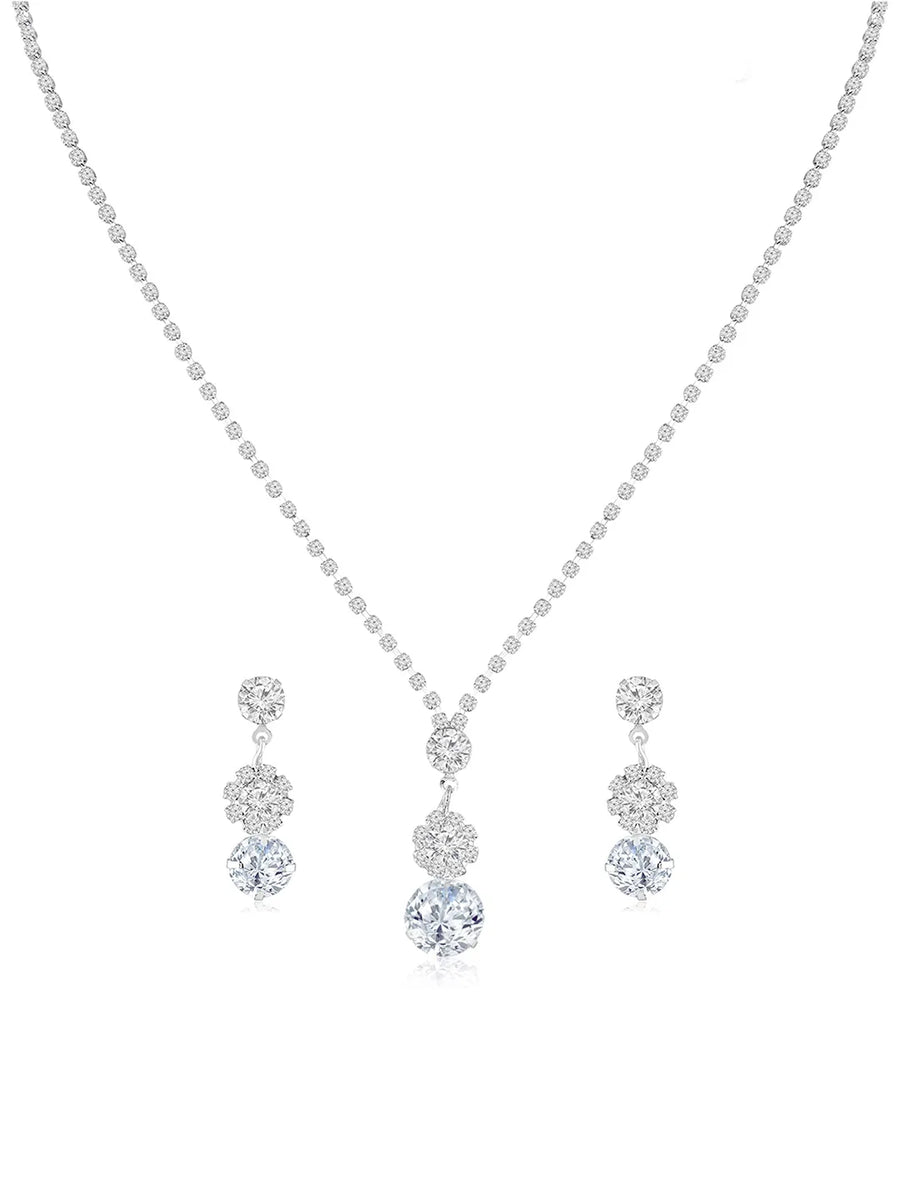 White necklace earrings set crafted from alloy, adorned with cubic zirconia & crystals for an elegant, timeless look | Peora
