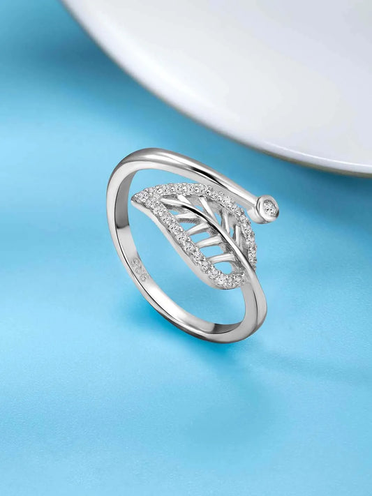 Sparkling Foliage CZ Finger Ring - Silver