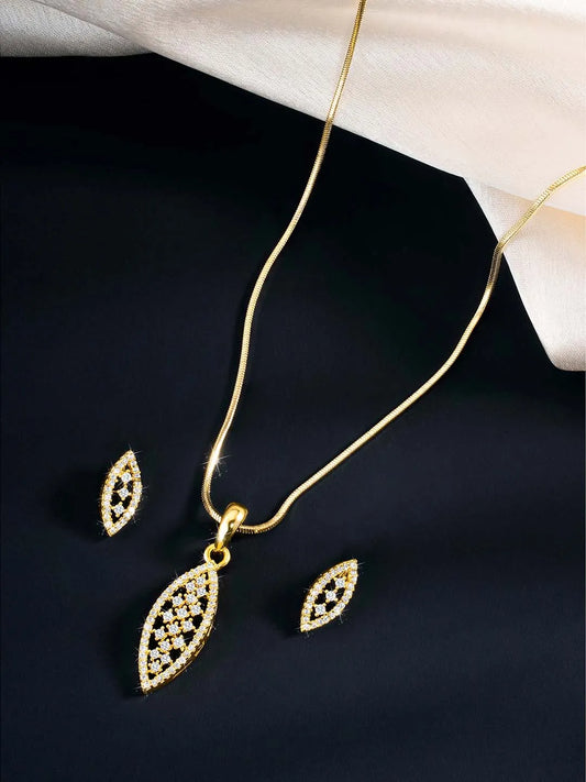 Leaf-Inspired Allure CZ Pendant Set by Peora. Gold-plated pendant set with leaf-inspired design & earrings.