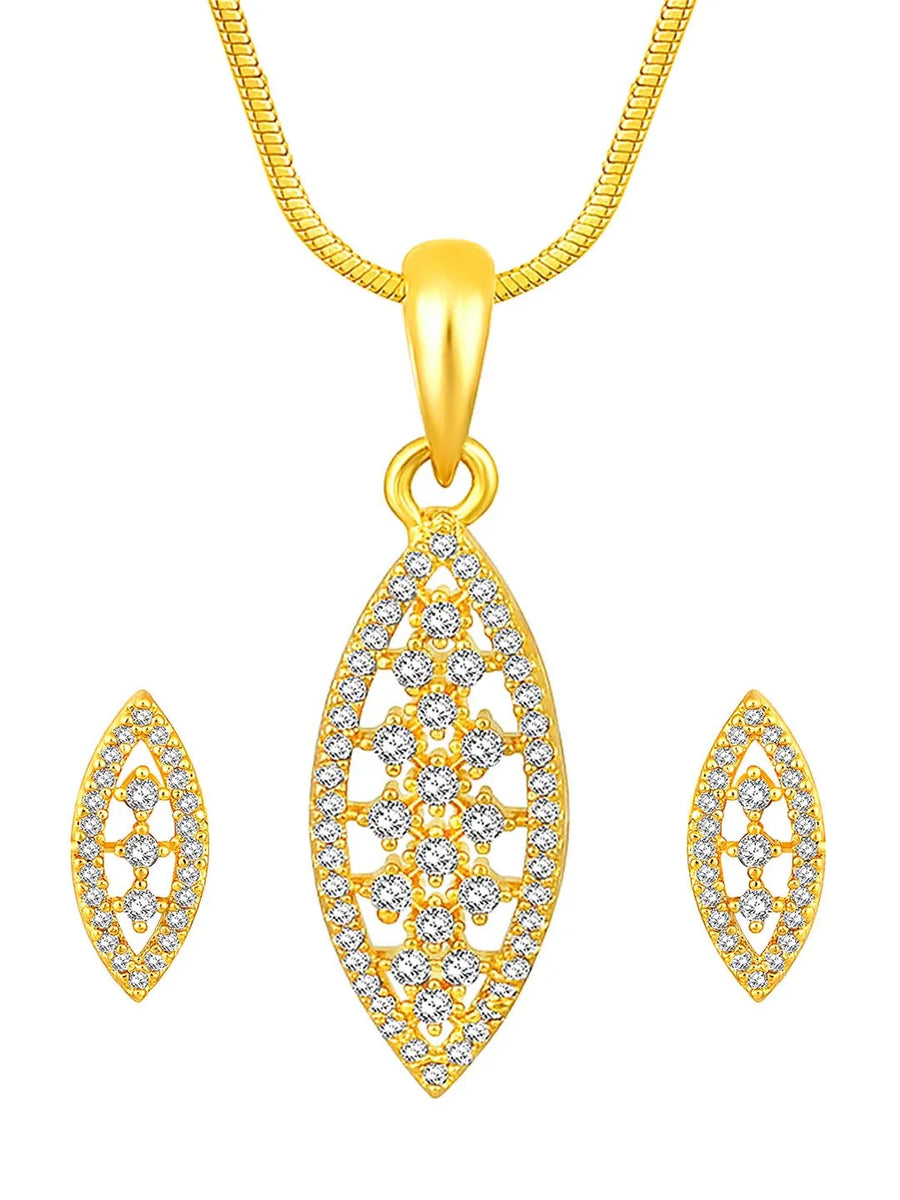 Leaf-Inspired Allure CZ Pendant Set by Peora. Gold-plated pendant set with leaf-inspired design & earrings.