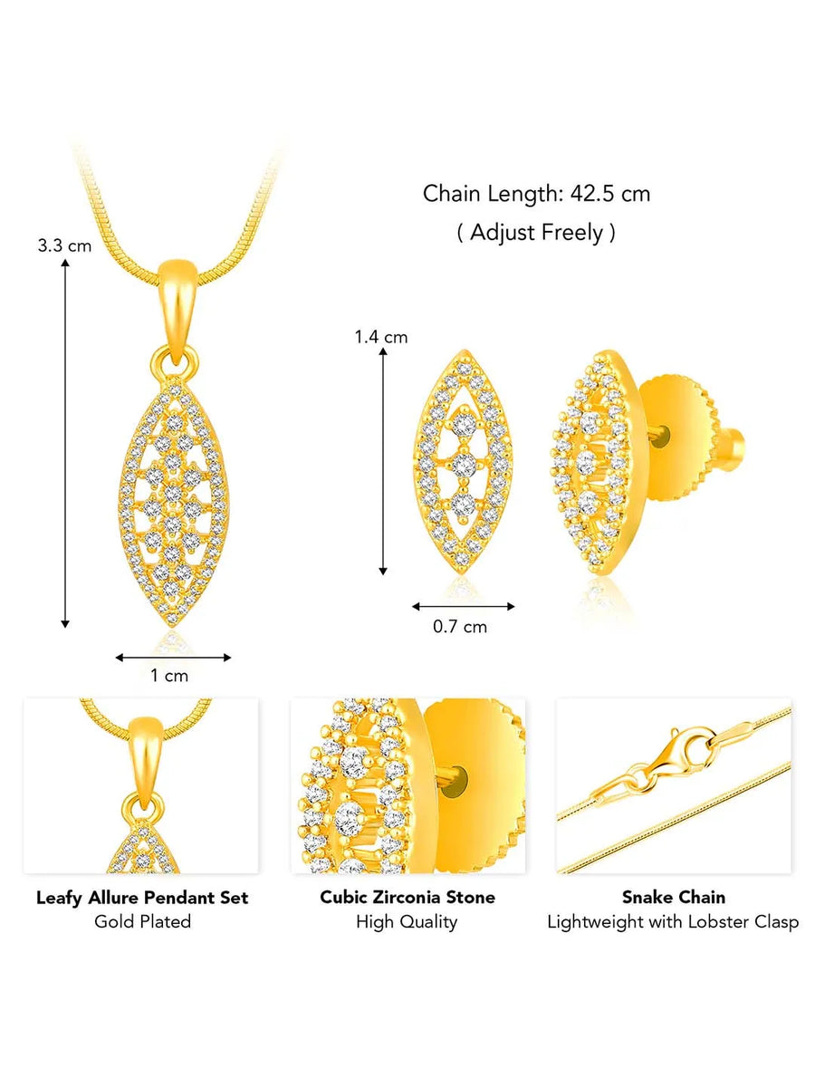 Leaf-Inspired Allure CZ Pendant Set by Peora. Gold-plated pendant set with leaf-inspired design & earrings.