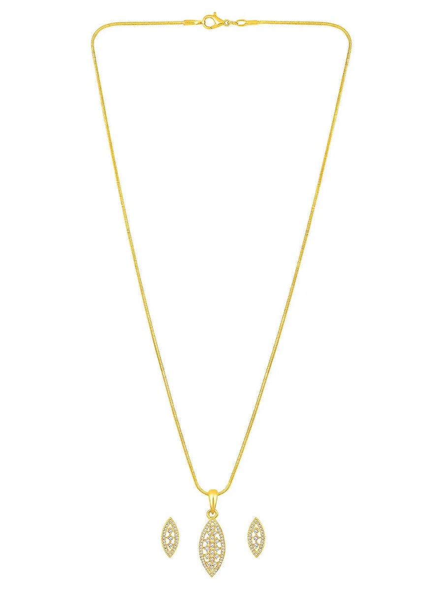 Leaf-Inspired Allure CZ Pendant Set by Peora. Gold-plated pendant set with leaf-inspired design & earrings.