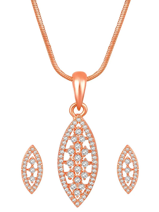 Leaf-Inspired Allure CZ Pendant Set by Peora. Rose gold-plated pendant set with leaf-inspired design & earrings.