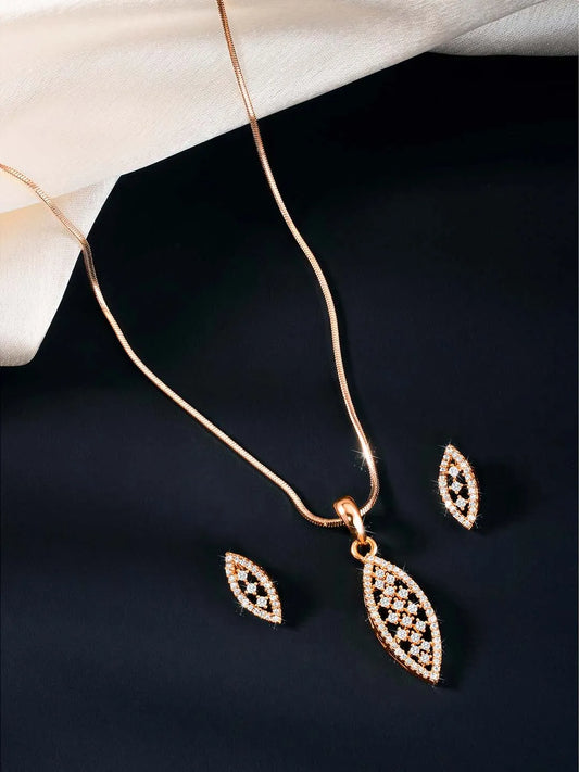 Leaf-Inspired Allure CZ Pendant Set by Peora. Rose gold-plated pendant set with leaf-inspired design & earrings.