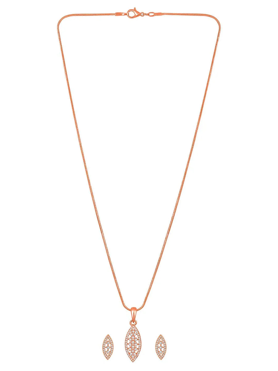 Leaf-Inspired Allure CZ Pendant Set by Peora. Rose gold-plated pendant set with leaf-inspired design & earrings.