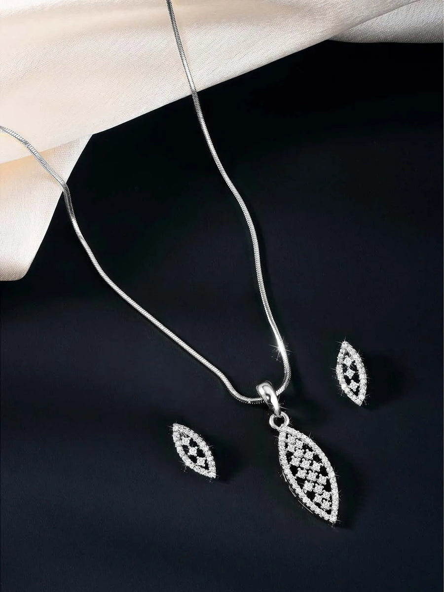 Leaf-Inspired Allure CZ Pendant Set by Peora. Silver-plated pendant set with leaf-inspired design & earrings.
